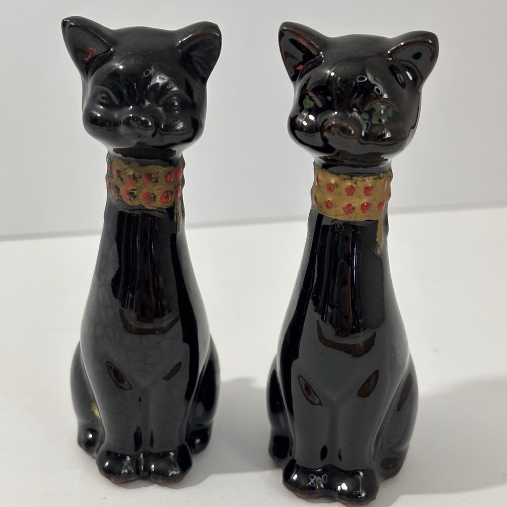 Vintage Japan Redware Siamese Black Cat Salt and Pepper Shaker Set